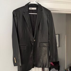 ZARA Black Faux Leather Single-Button Blazer